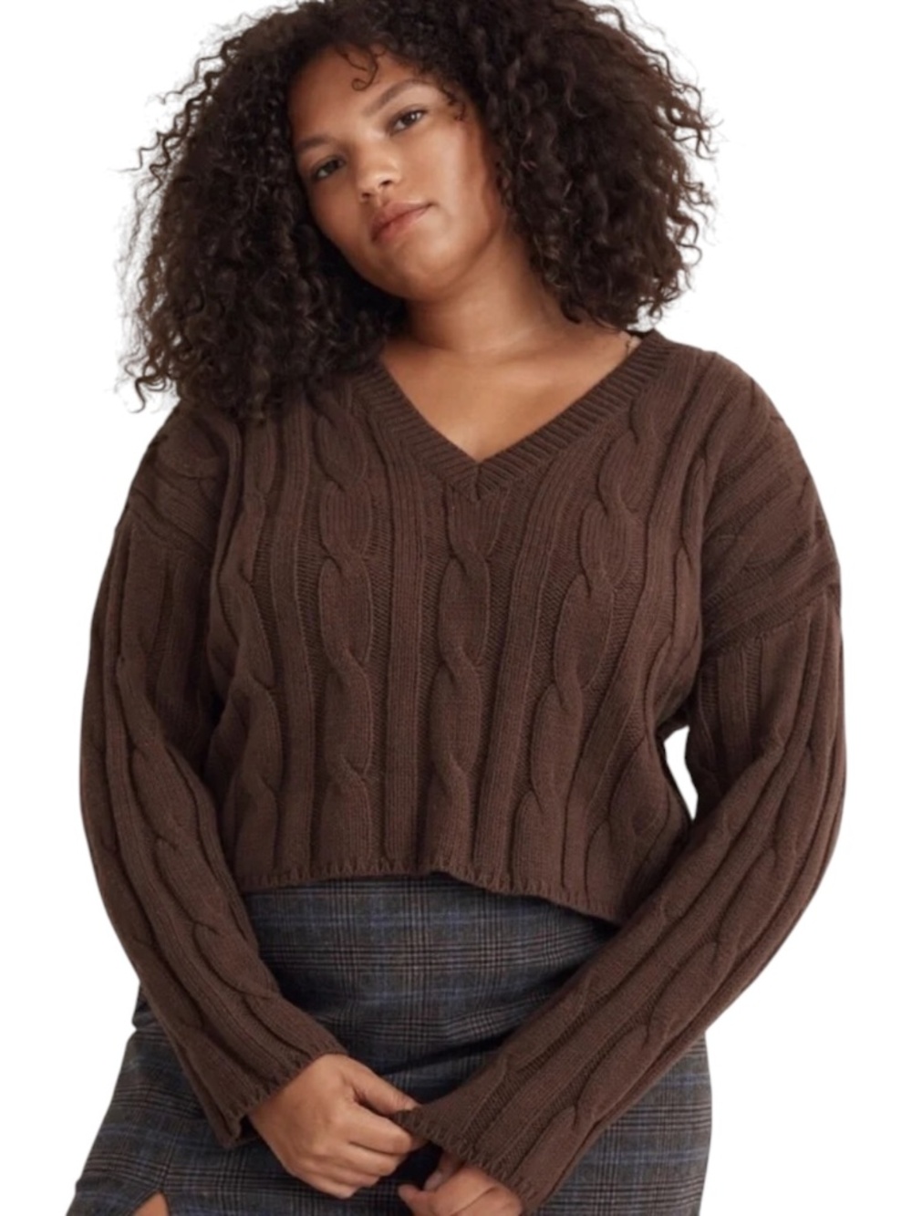 Madewell Cable Knit V-Neck Crop Knit Sweater XL Dark Coffee